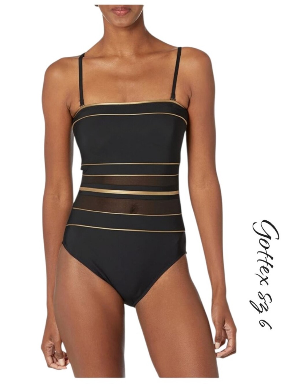 Gottex Onyx Square Neck One Piece Swimsuit Black Gold Mesh 6 NWT
